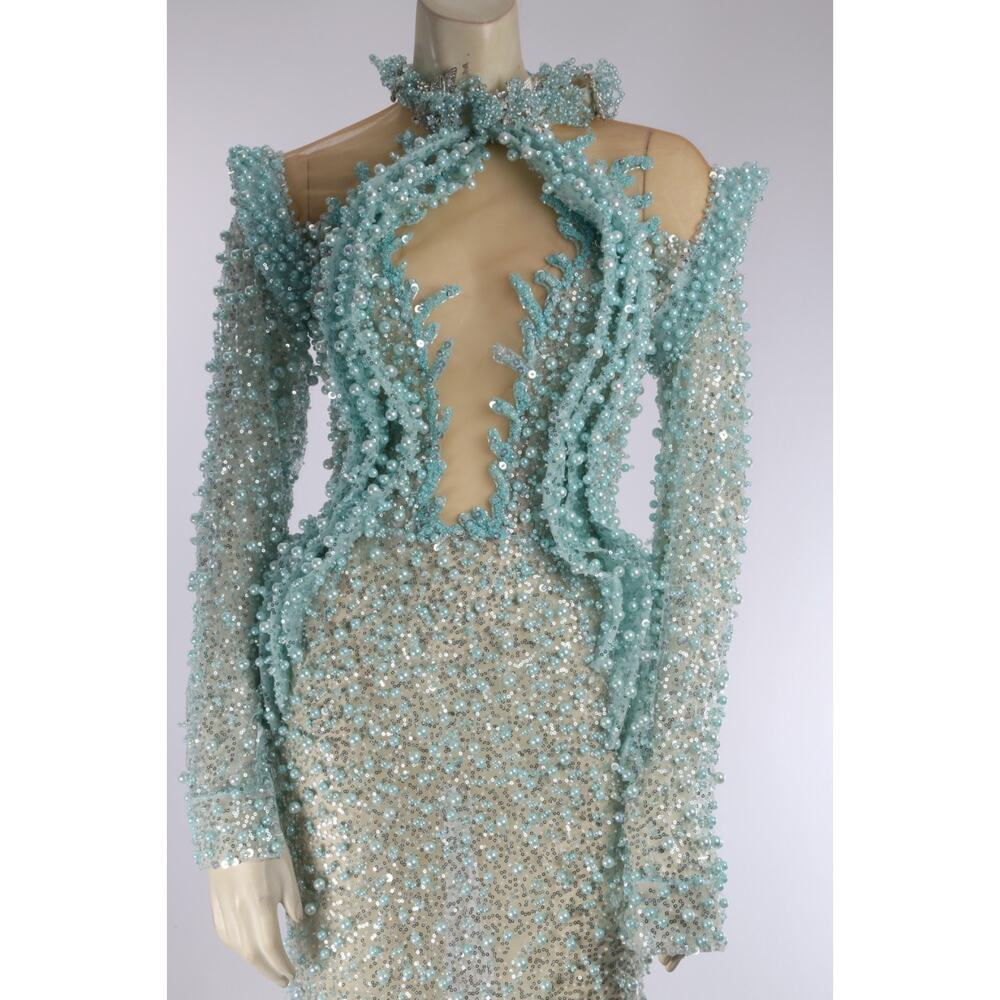 Albina Dyla Aqua Crystal Pearl Mesh Cutout Evening Formal Gala Couture Gown Sz S - Picture 15 of 16